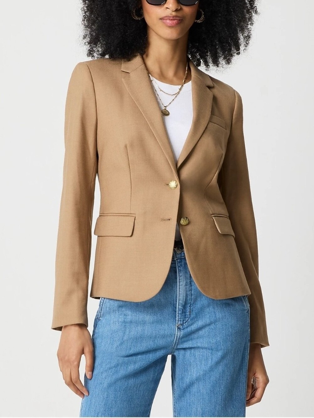 J. Crew Schoolboy Blazer Camel Tan Wool Blend Crest Gold Buttons Size 14 Preppy